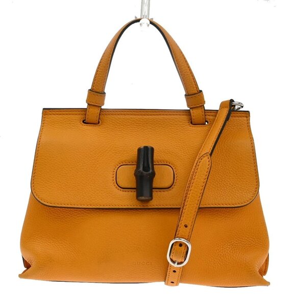 GUCCI GG Logo Daily 2Way Shoulder Hand Bag Bamboo Leather Orange - Picture 1 of 15